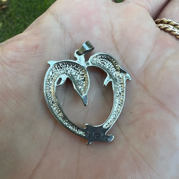 Faux Blue Opal Double Dolphin Heart Pendant 👠 - Picture 14 of 17